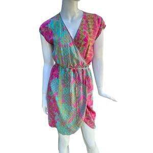 Presley Skye Silk Faux Wrap Tulip Hem Dress Pink Teal Cap Sleeve Women's XS